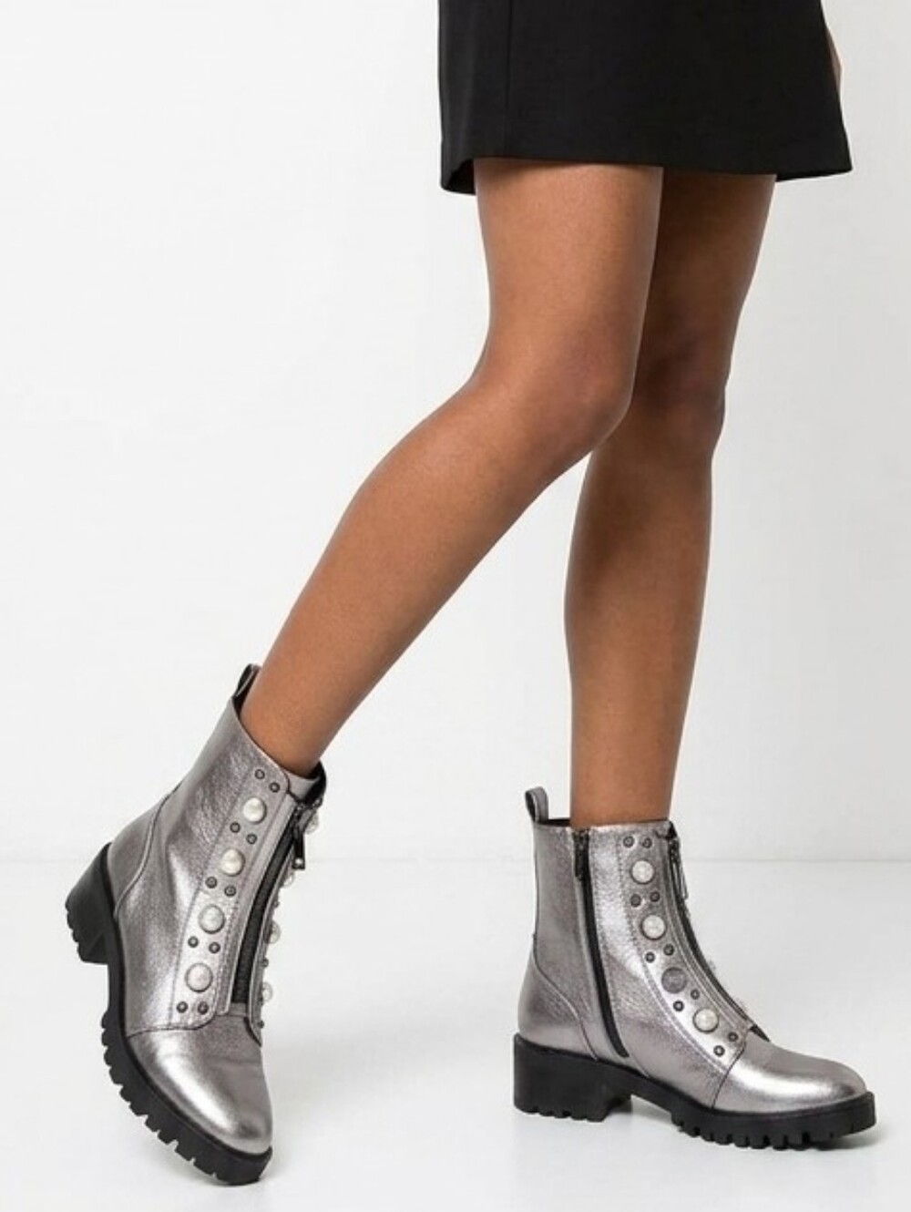 Karl Lagerfeld Paris Metallic Silver Pearl Embellished Lug Sole Ankle Boots 8M